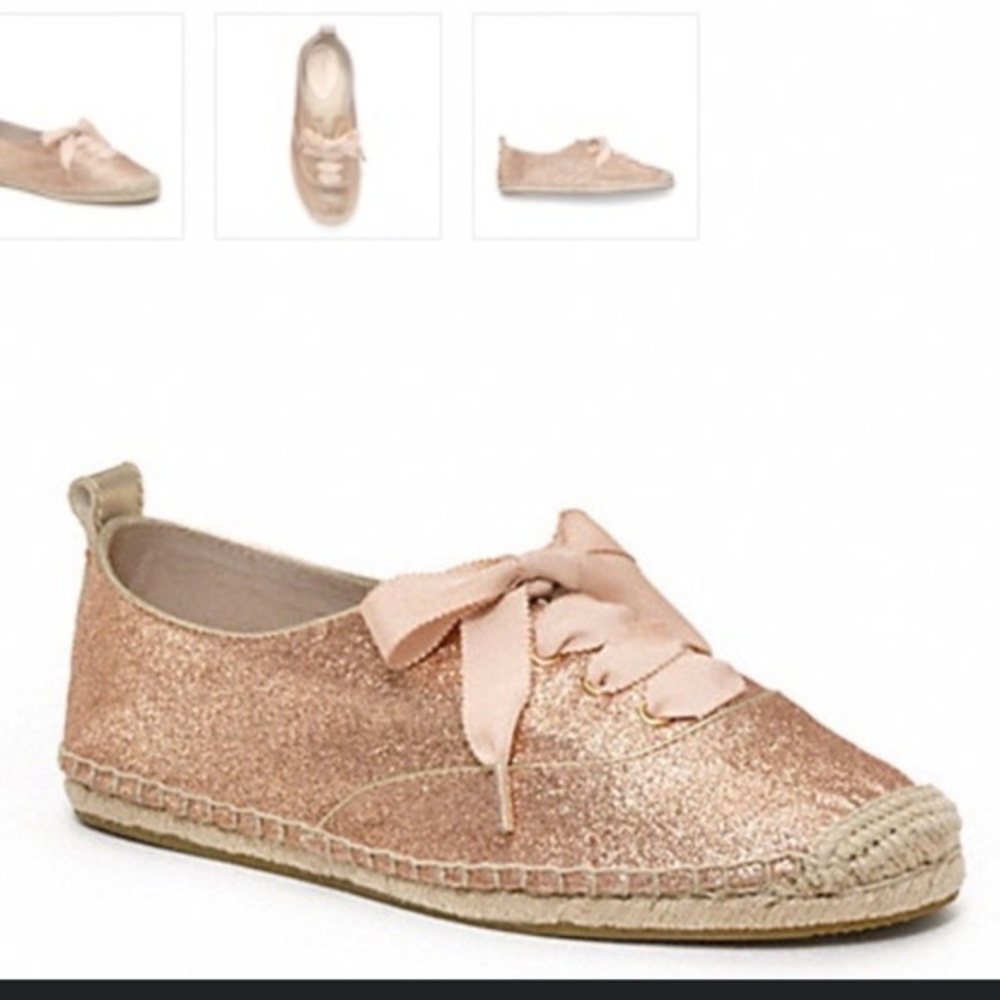 Coach Womens Ramira Gold Glitter Ribbon Laced Espadrille Flats Gold SZ 8